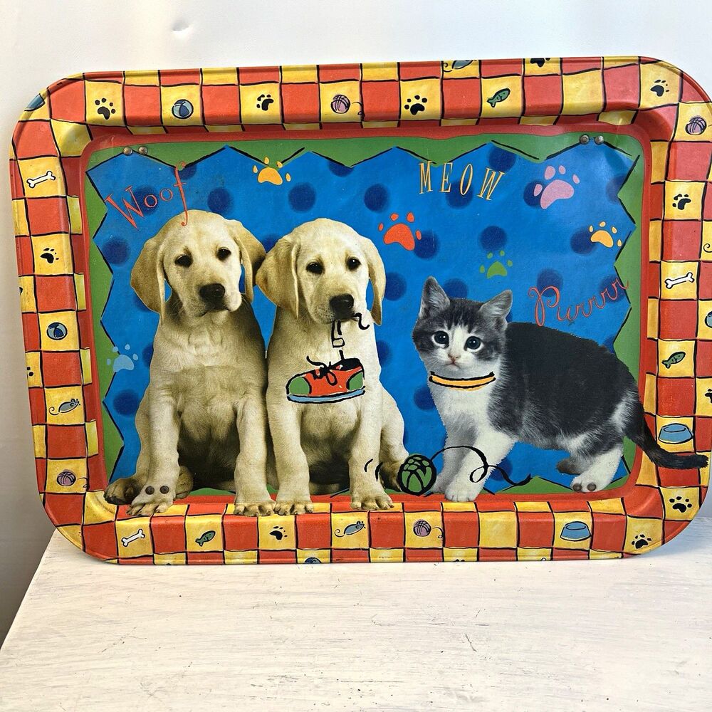 Vintage Metal Folding Lap Tray Puppies Kitten Kids TV Bed Tray Woof Meow 17in